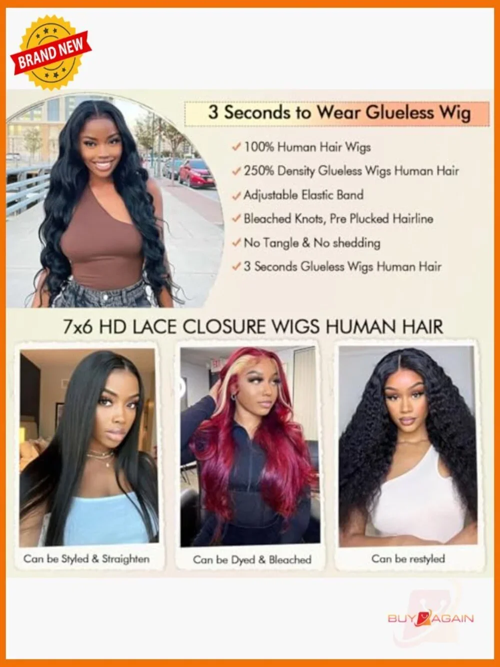 Glueless Body Wave Lace Front Wig Human Hair 250% Density 7x6 HD Closure Pre